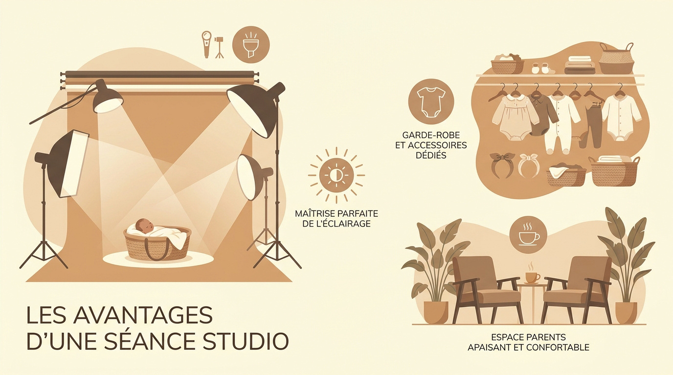 Séance photo nouveau-né en studio avec accessoires et éclairage professionnel