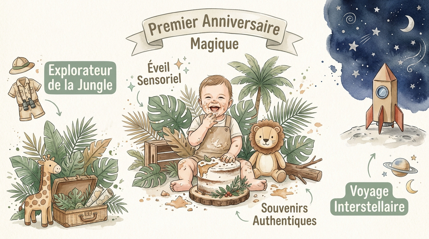 Bébé garçon fêtant son premier anniversaire avec des thèmes jungle et espace