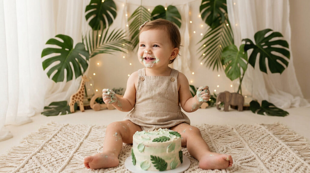 Bébé fille souriante couverte de crème lors d'un smash the cake au décor jungle avec des feuilles de monstera.
