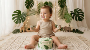 Thèmes et décors originaux pour un smash the cake fille Bébé fille souriante couverte de crème lors d'un smash the cake au décor jungle avec des feuilles de monstera.