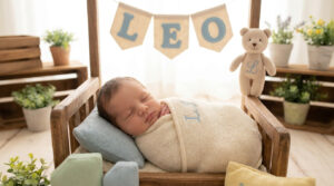 Personnaliser le décor de la séance photo de votre bébé Nouveau-né endormi dans un petit lit en bois avec une guirlande au prénom LEO et un ourson en peluche.