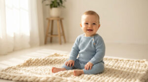 Séance photo bébé assis : capturez l'étape du sitter Un bébé souriant vêtu d'un ensemble bleu tricoté, assis sur une couverture en laine épaisse dans un studio lumineux.