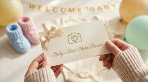 Pourquoi le bon cadeau photo est idéal pour une baby shower Mains tenant une carte cadeau pour une séance photo de bébé avec des chaussons et des ballons en arrière-plan.
