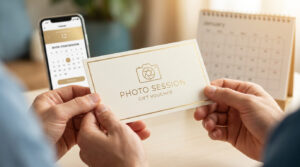 Mains tenant un bon cadeau pour une séance photo avec un smartphone et un calendrier en arrière-plan.