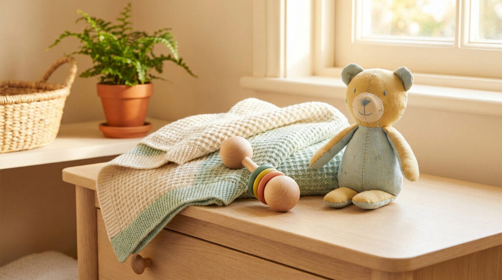 Ours en peluche, hochet en bois et couverture en tricot sur une table en bois clair dans une chambre lumineuse.
