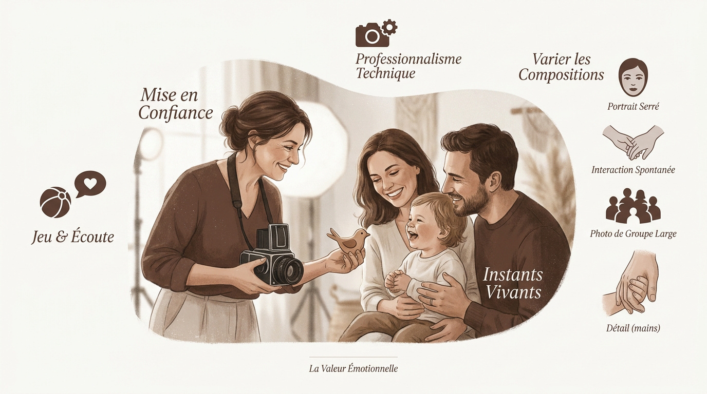 Séance photo complice entre grands-parents et petits-enfants en studio professionnel