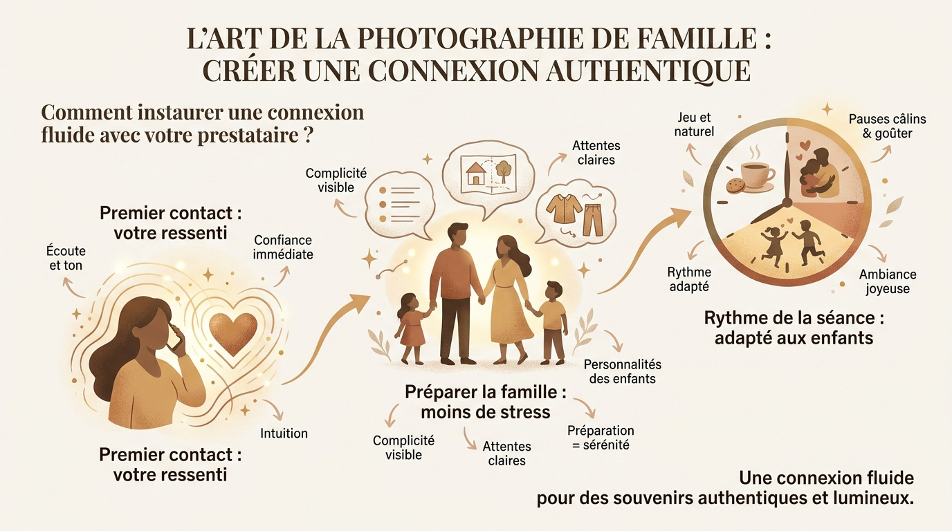 Famille souriante partageant un moment de complicité lors d'une séance photo en studio