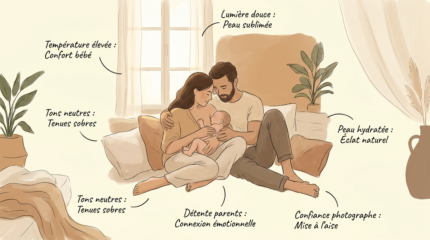 Maman en peau à peau avec son nouveau-né dans une lumière douce de studio