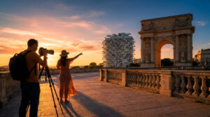 Photographe et femme observant l'Arc de Triomphe et l'Arbre Blanc à Montpellier au coucher du soleil.