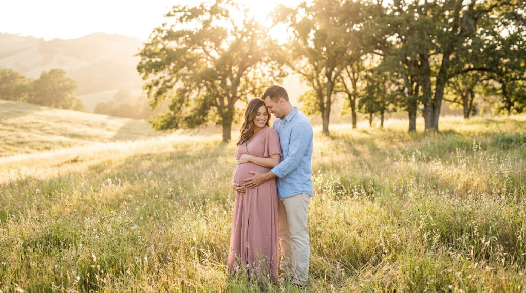 Un couple attend un enfant, debout dans un champ ensoleillé, l'homme enlace la femme enceinte qui pose sa main sur son ventre.