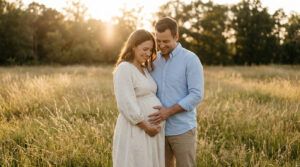 Séance photo grossesse en couple : partagez l'attente Un couple attend un bébé dans un champ, l'homme pose tendrement la main sur le ventre de la femme enceinte.