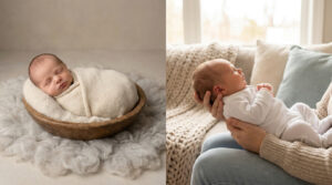 Photographe nouveau-né studio ou domicile : le match Comparaison entre une photo de nouveau-né en studio dans une corbeille et une photo lifestyle à domicile.