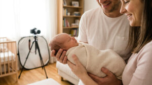 Parents souriants tenant leur nouveau-né emmailloté, avec un appareil photo sur trépied en arrière-plan.