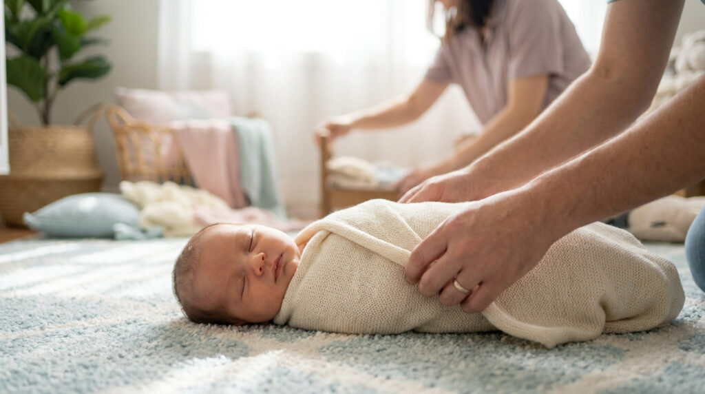 Des parents emmaillotent tendrement leur bébé endormi sur un tapis pour une séance photo à domicile.