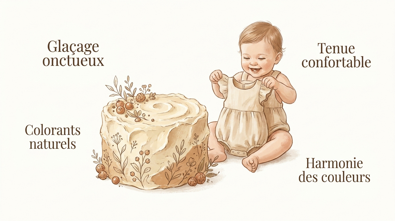 Bébé fille découvrant son gâteau d'anniversaire lors d'une séance smash the cake en studio