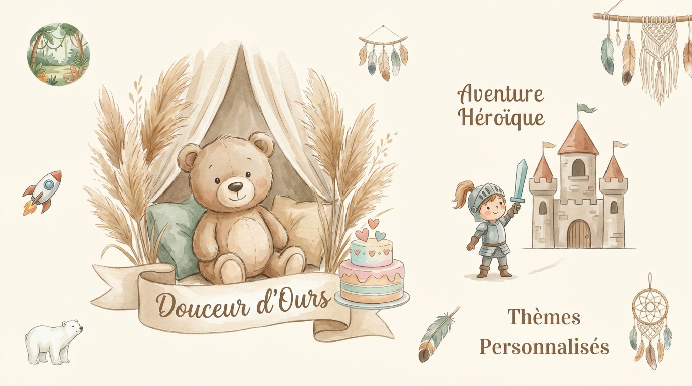 Bébé garçon posant dans un décor de smash the cake aux tons naturels avec ours en peluche et pampa