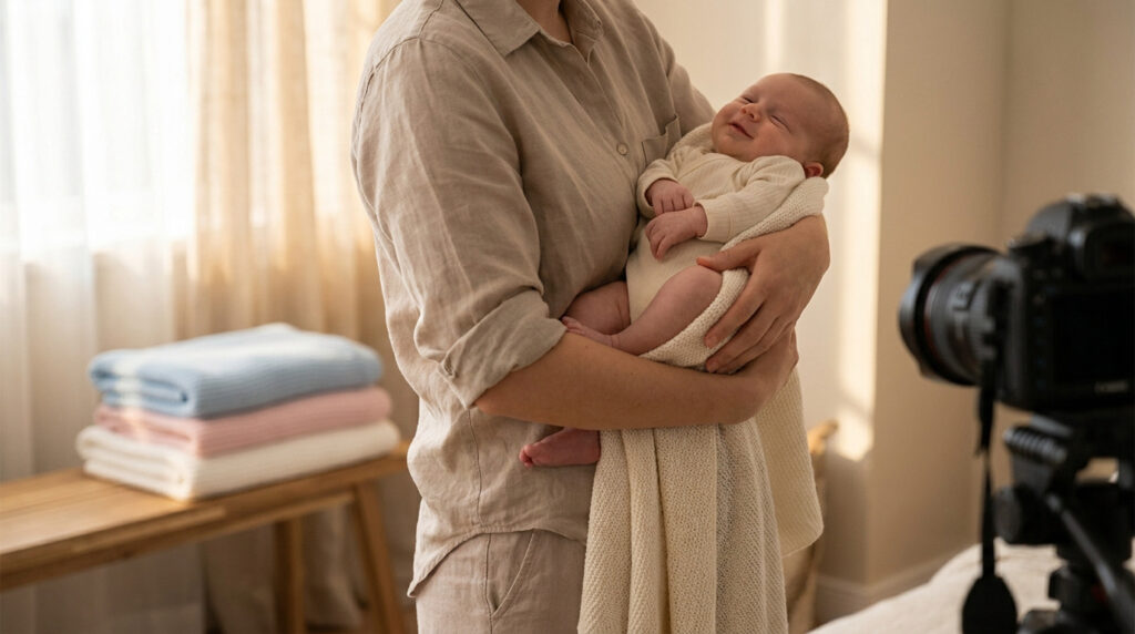 Une personne tient un bébé souriant enveloppé dans une couverture lors d'une séance photo professionnelle.