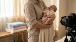 Gérer les pleurs bébé en séance photo : nos astuces Une personne tient un bébé souriant enveloppé dans une couverture lors d'une séance photo professionnelle.