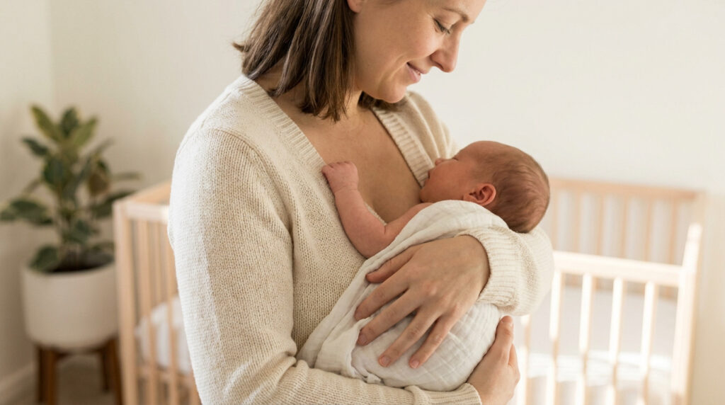 Une mère porte son nouveau-né contre elle avec douceur dans une chambre d'enfant lumineuse.