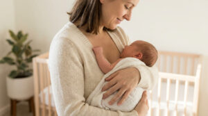 Une mère porte son nouveau-né contre elle avec douceur dans une chambre d'enfant lumineuse.