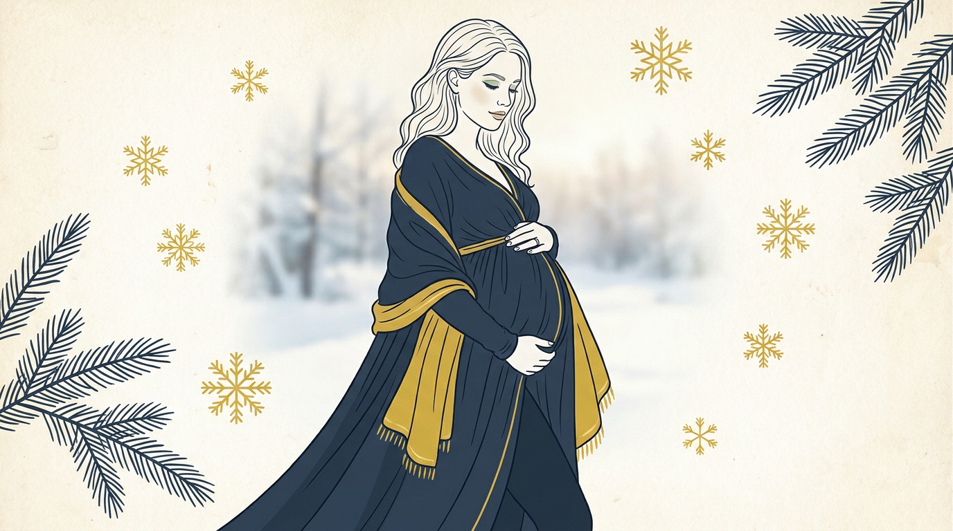 Femme enceinte élégante portant une robe pull en extérieur hivernal