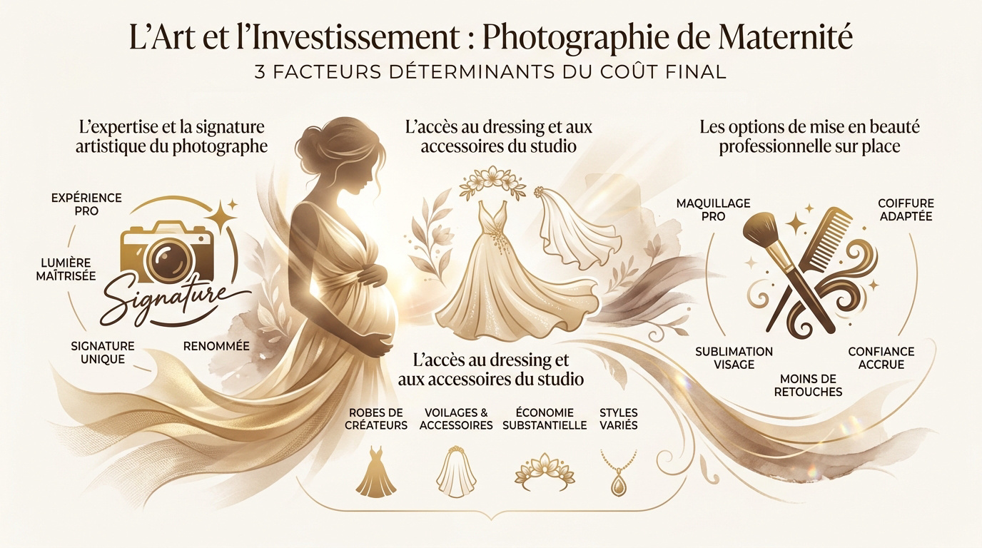 Photographe de grossesse professionnelle en studio préparant une séance photo