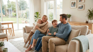 Choisir son photographe de famille : les critères clés Une famille souriante composée des parents, d'une petite fille et d'un garçon, assis ensemble sur un canapé dans un salon.