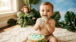 Idées de thèmes originaux pour un smash the cake garçon Bébé tout sourire, les mains pleines de glaçage bleu, assis devant son gâteau dans un décor sur le thème de la jungle.