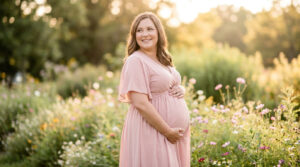 Femme enceinte souriante en robe rose dans un champ de fleurs sous une lumière dorée.