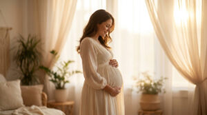 Retouche photo maternité : ce qui change vraiment Une femme enceinte souriante porte une robe beige claire près d'une fenêtre baignée par la lumière dorée du soleil.