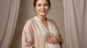Maquillage séance photo grossesse : conseils de pro Femme enceinte souriante avec un maquillage naturel et lumineux, posant devant des rideaux clairs.