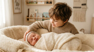 Accompagner votre enfant aîné lors du shooting nouveau-né Un jeune garçon caresse doucement la tête de son petit frère nouveau-né endormi dans un couffin en osier.