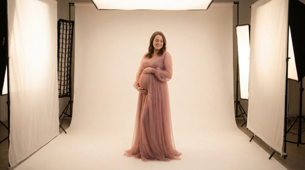 Une femme enceinte souriante porte une robe rose poudrée dans un studio photo professionnel avec des éclairages.