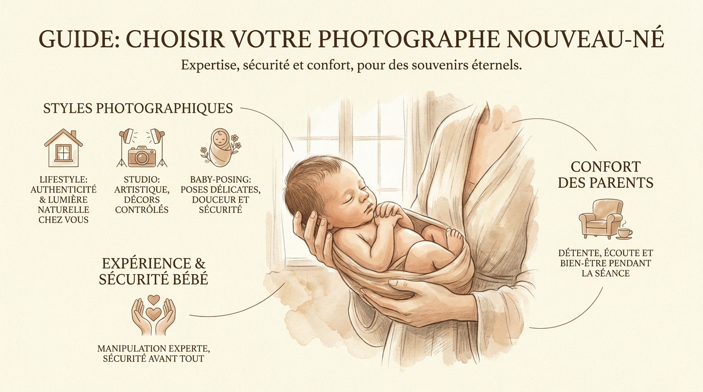 Photographe professionnelle manipulant avec douceur un nouveau-né en studio