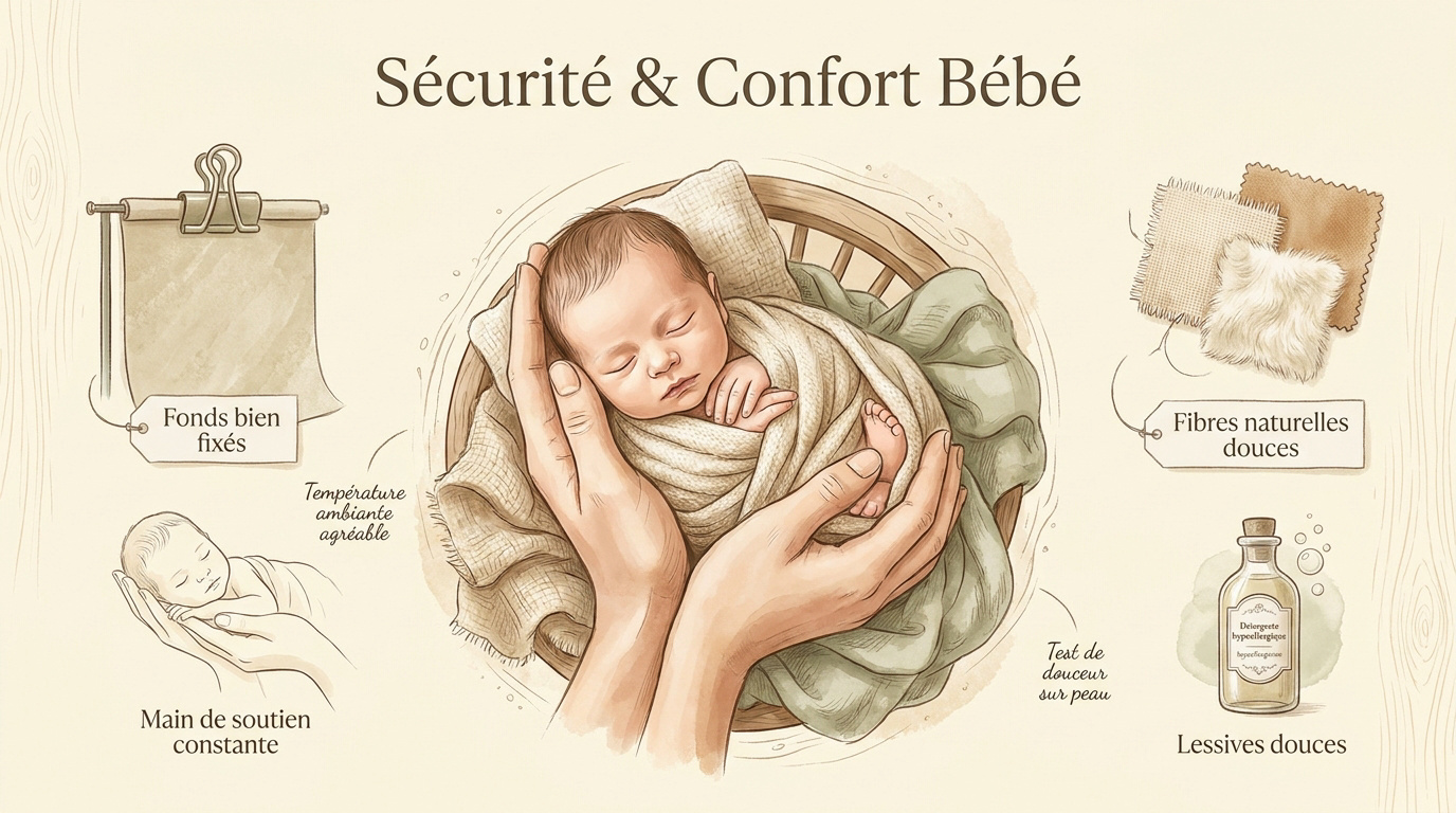Bébé confortablement installé dans un décor sécurisé en studio photo