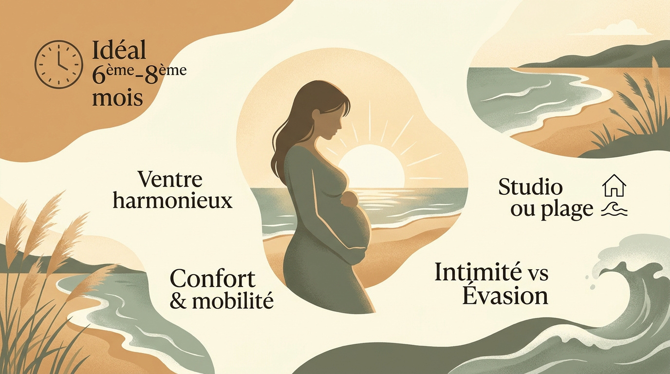 Future maman posant sur une plage de l'Hérault au coucher du soleil