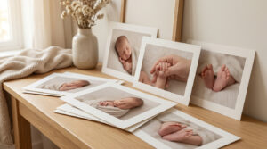 Choisir des tirages d'art pour vos photos de naissance Collection de tirages photo sur papier beaux-arts montrant des portraits de nouveau-nés sur une console en bois.