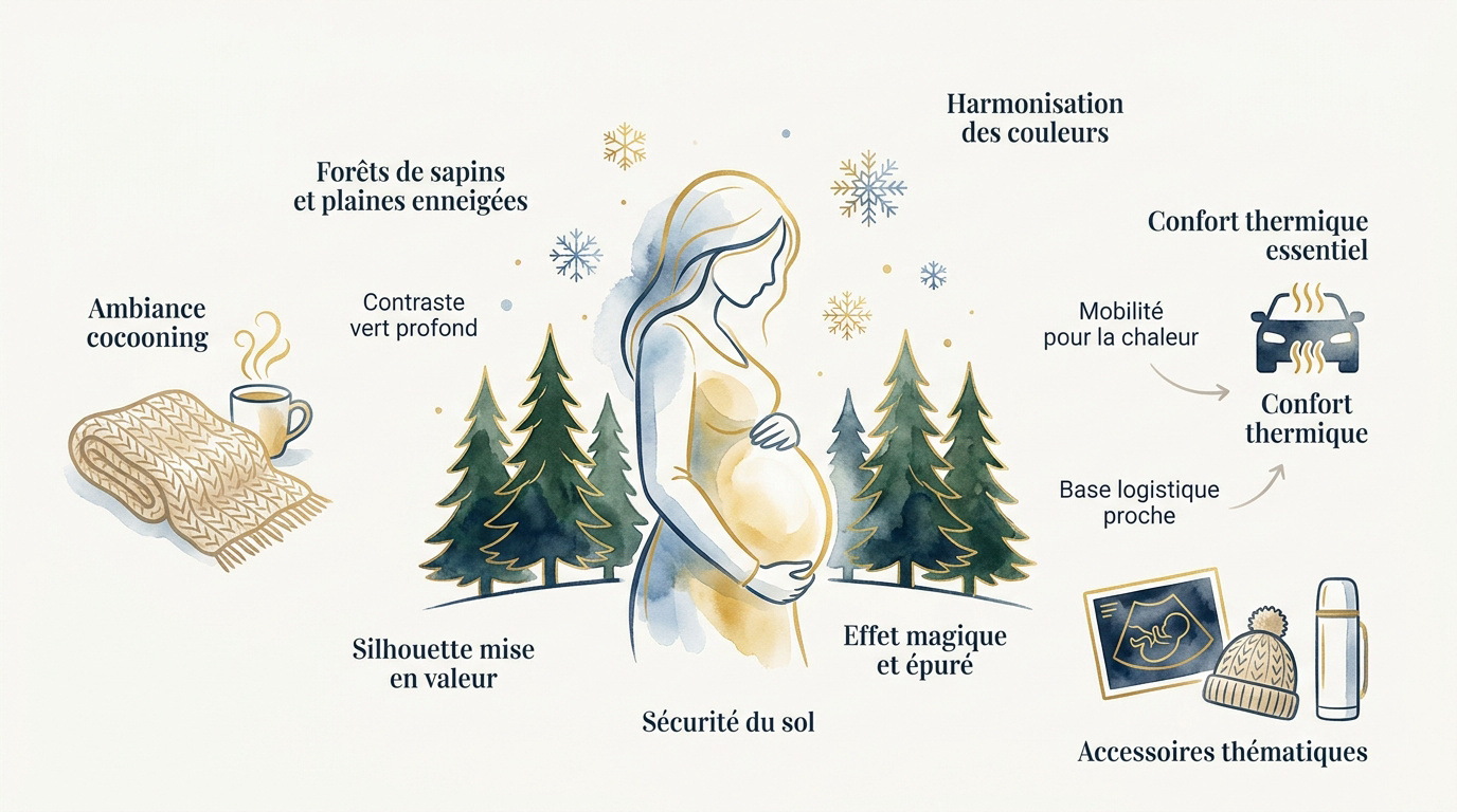Infographie conseils séance photo grossesse extérieur hiver décor enneigé et accessoires