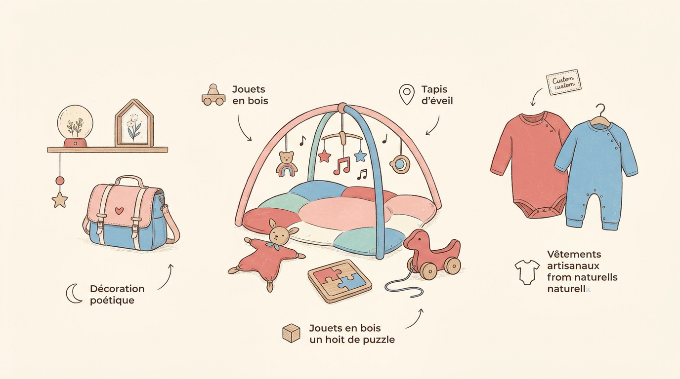 Infographie présentant des articles de puériculture durables et des jouets d'éveil à Montpellier