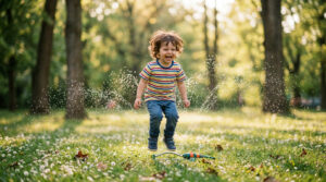 Jeune garçon souriant qui saute au-dessus d'un arroseur automatique dans un jardin ensoleillé.