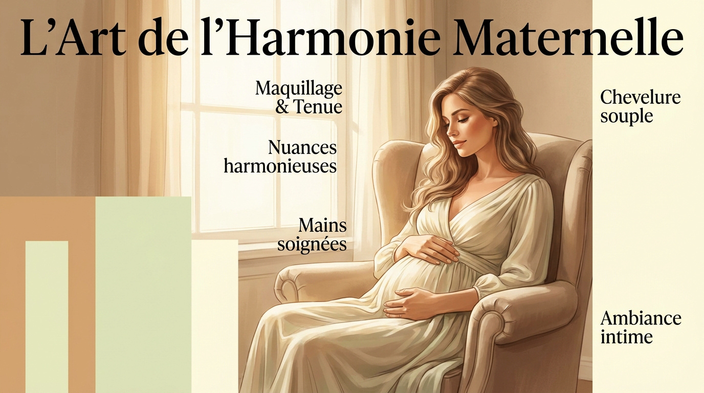Future maman en studio avec un maquillage naturel et une tenue harmonieuse mettant en valeur son ventre