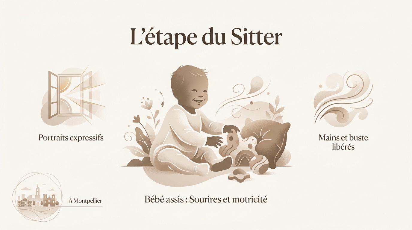 Bébé souriant assis en studio lors d'une séance photo sitter à Montpellier
