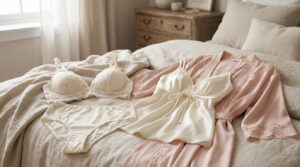 Sélectionner la lingerie pour un shooting boudoir maternité Ensemble de lingerie en dentelle crème et peignoir rose poudré disposés sur un lit douillet.