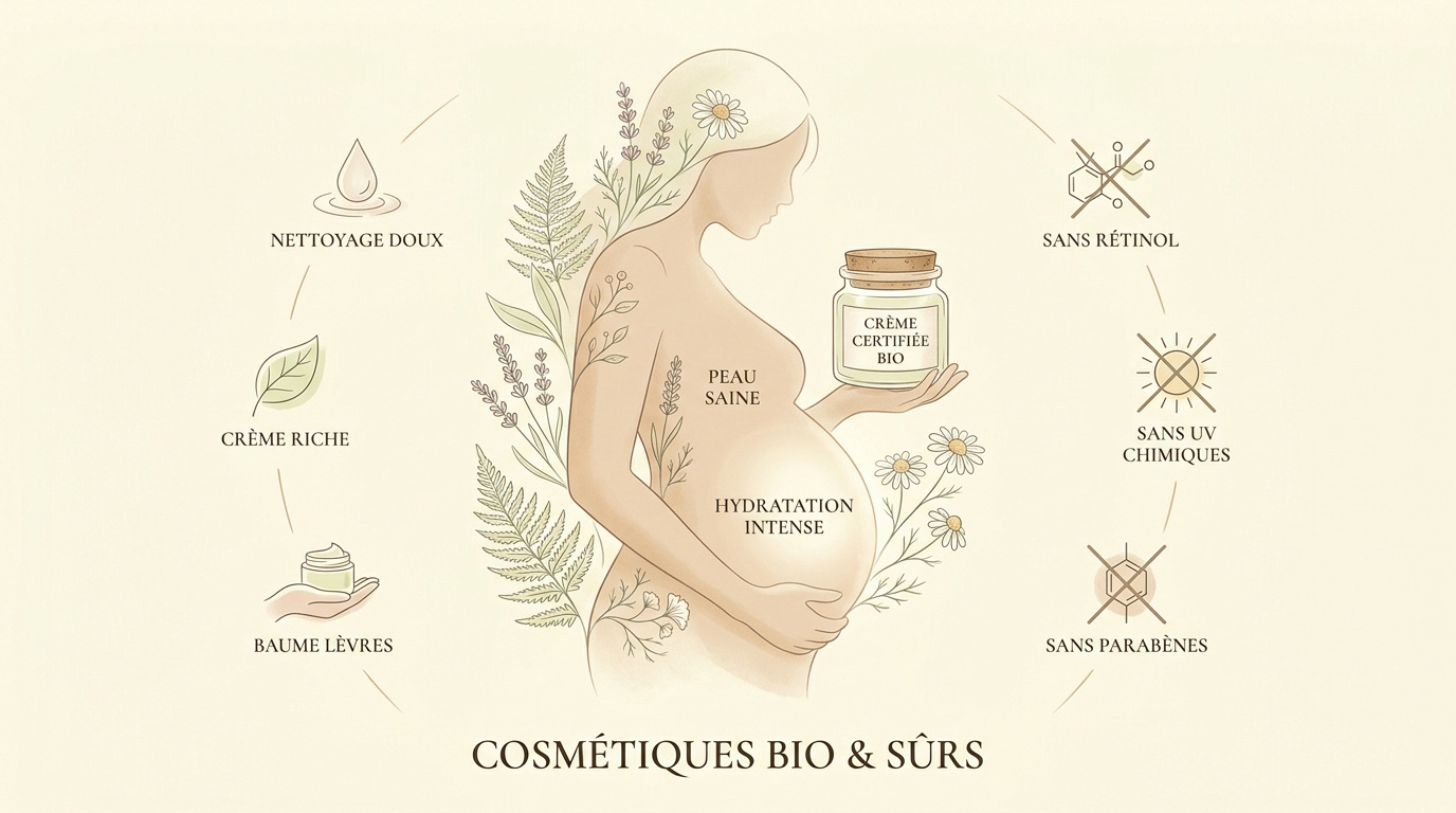 Produits de soins bio et naturels pour femme enceinte posés sur une table en bois
