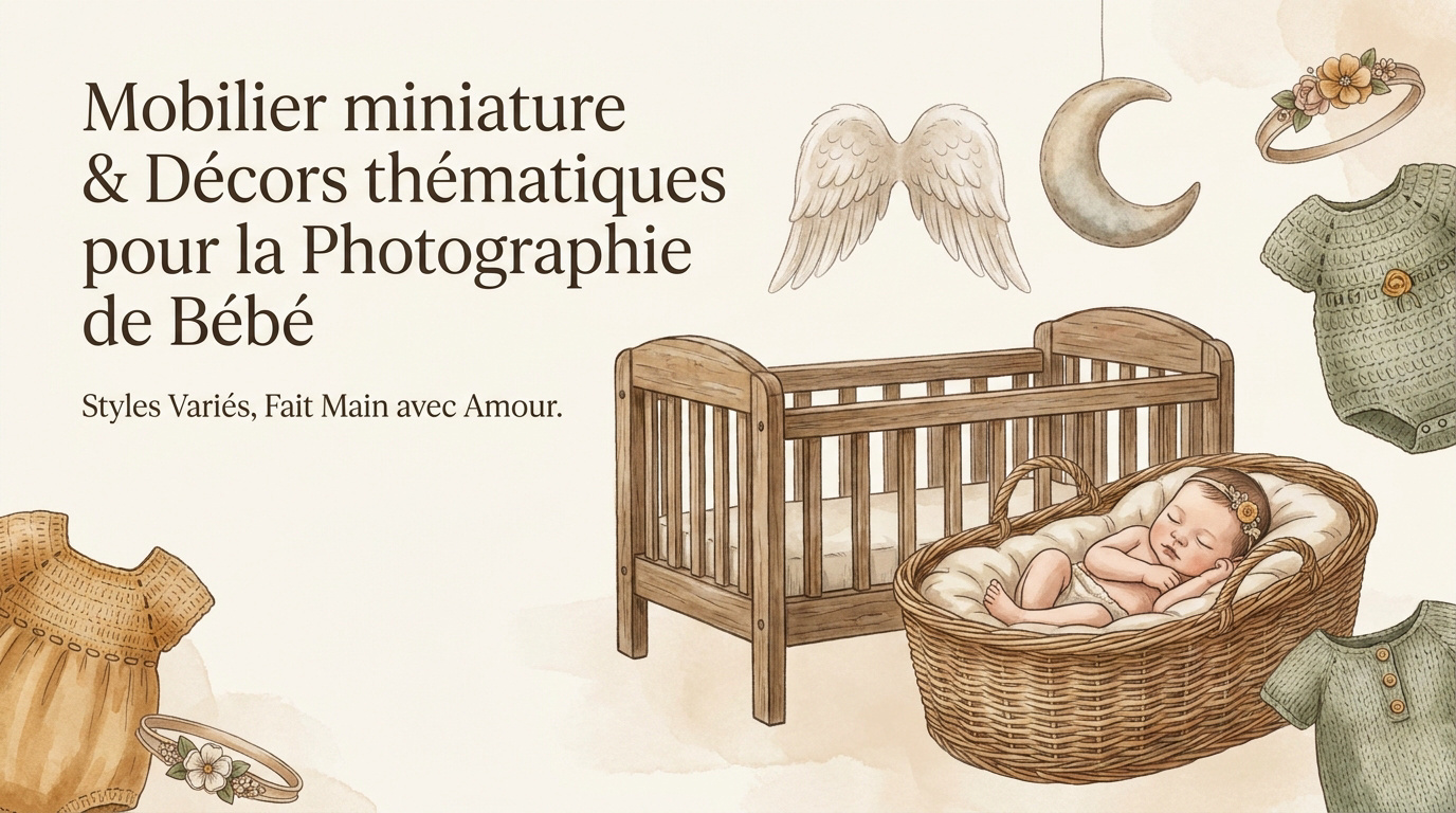 Mobilier miniature en bois et accessoires textiles pour séance photo nouveau-né