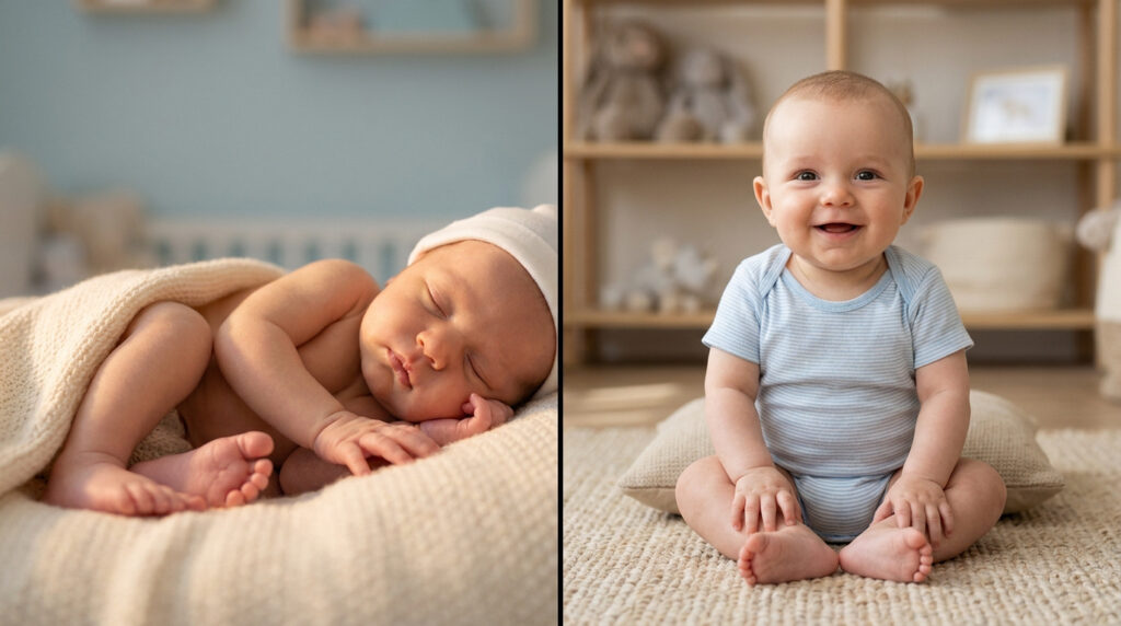 Comparaison entre un nouveau-né endormi sous une couverture et un bébé souriant assis sur un tapis.