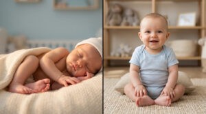 Comparaison entre un nouveau-né endormi sous une couverture et un bébé souriant assis sur un tapis.