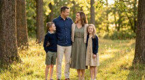 Coordination vêtements famille : harmonisez vos couleurs Une famille souriante dans une forêt au coucher du soleil, habillée avec des tons naturels coordonnés.