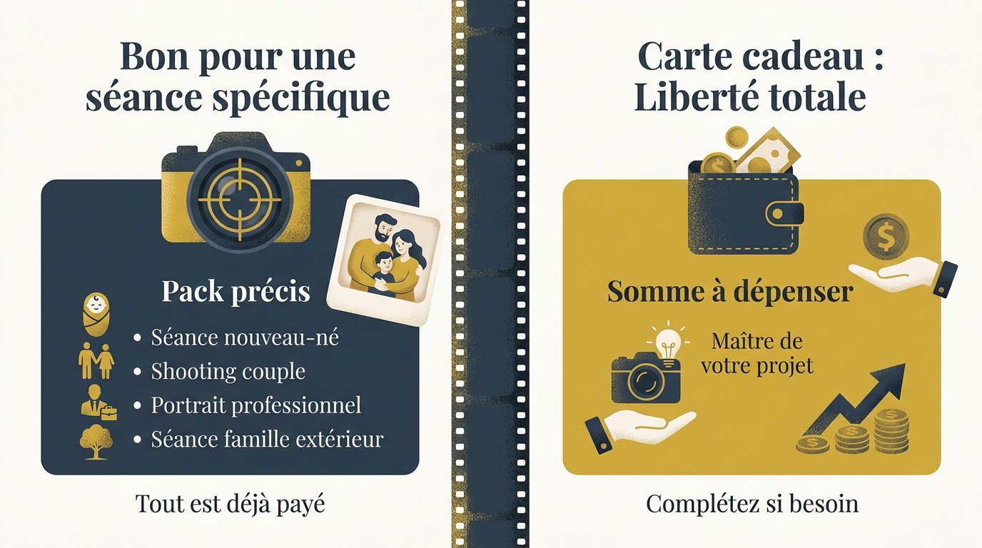 Comparaison entre une séance photo thématique et une carte cadeau à montant libre