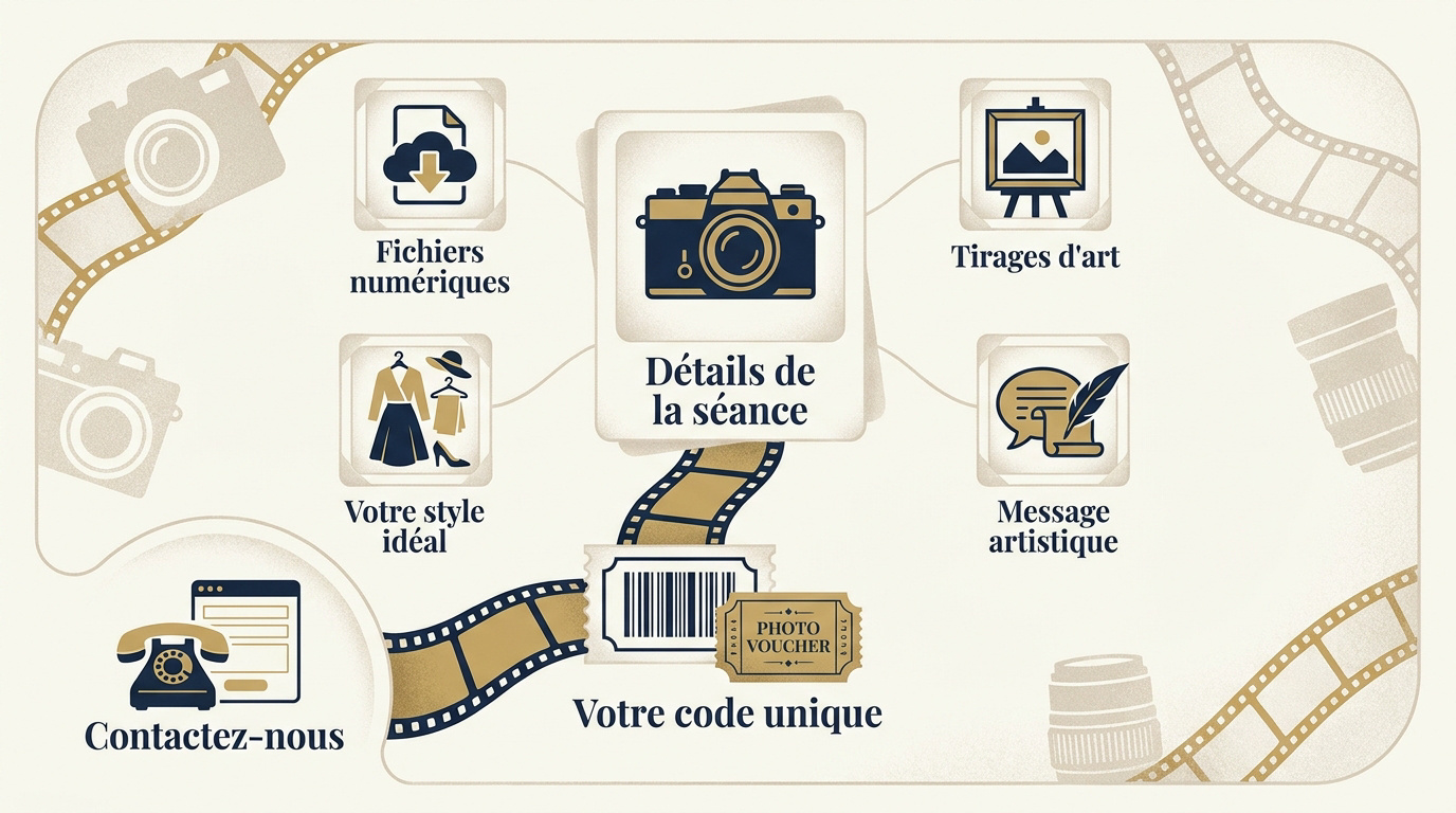 Infographie détaillant les étapes de réservation d'une séance photo avec un bon cadeau